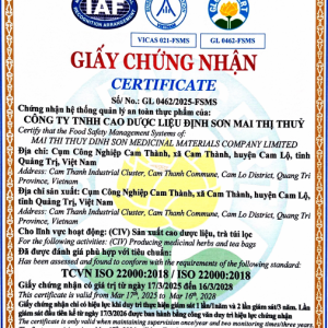 Giấy chứng nhận Hệ thống Quản lý An toàn Thực phẩm theo tiêu chuẩn ISO 22000:2018,