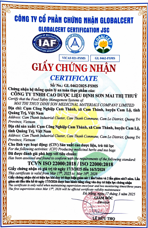 Giấy chứng nhận Hệ thống Quản lý An toàn Thực phẩm theo tiêu chuẩn ISO 22000:2018,